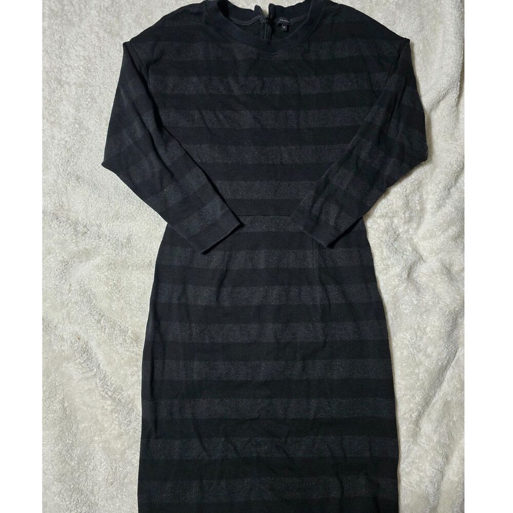 Theory Charcoal Gray Black Striped Long Sleeve Knit Dress Size 12 (large)